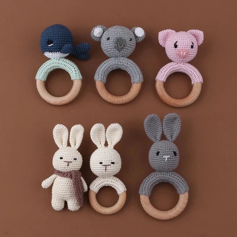 Baby Wooden Teether Crochet Rattle Toy – BPA Free | 38 Animal Designs | Newborn Infant Sensory Toy | Baby Shower Gift