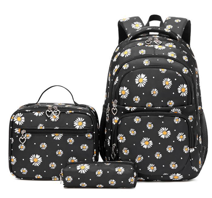 Black daisy school backpack set with matching lunch bag and zip pouch