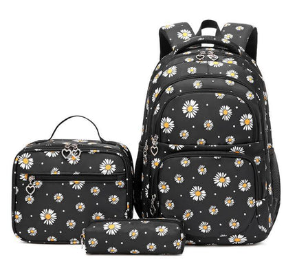 Black daisy school backpack set with matching lunch bag and zip pouch