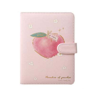 Pink peach notebook with side strap, stitched edges, flower icons, and a peach illustration