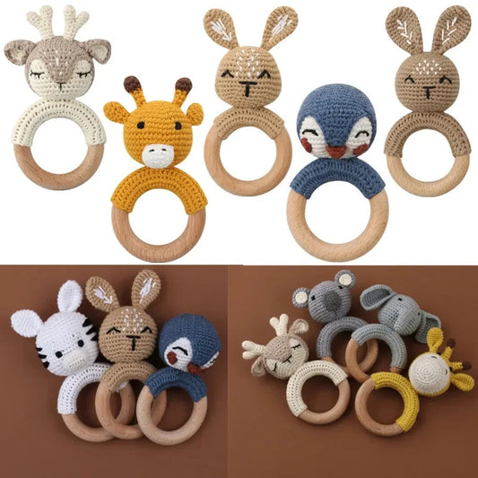 Baby Wooden Teether Crochet Rattle Toy – BPA Free | 38 Animal Designs | Newborn Infant Sensory Toy | Baby Shower Gift