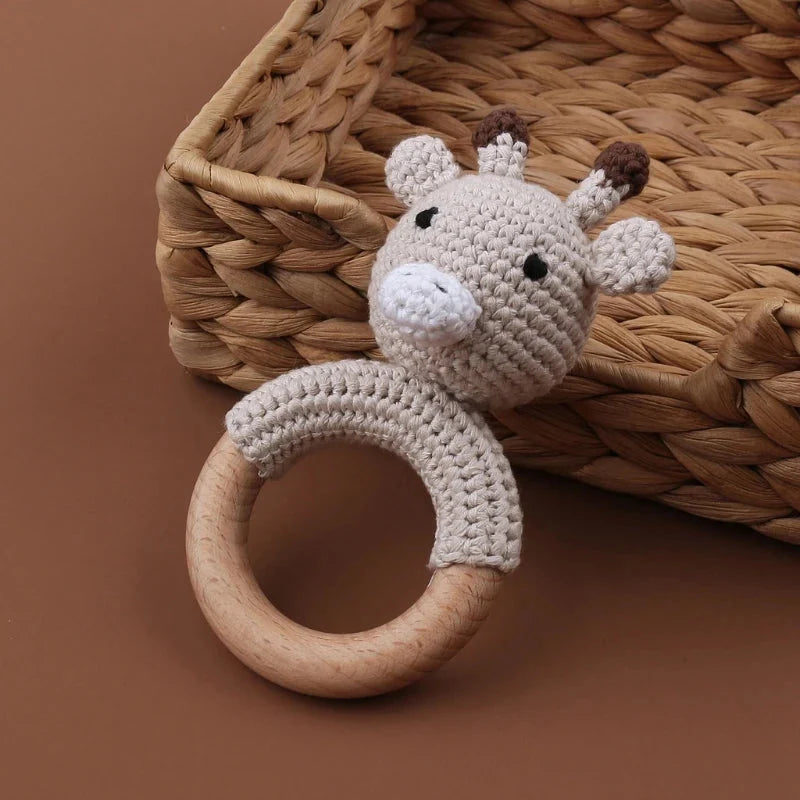 Baby Wooden Teether Crochet Rattle Toy – BPA Free | 38 Animal Designs | Newborn Infant Sensory Toy | Baby Shower Gift