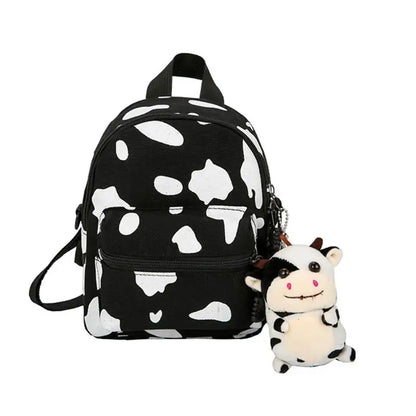 Kawaii Cow Print Mini Backpack – Cute Black & White Canvas Bag | Animal Print Accessory