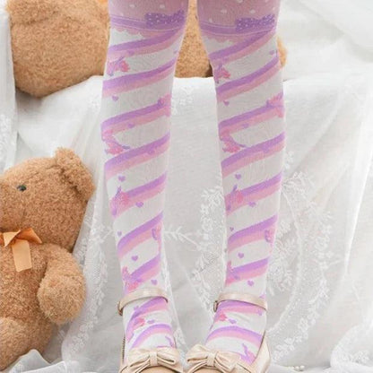 Knee-high socks with pastel purple and pink rainbow stripes