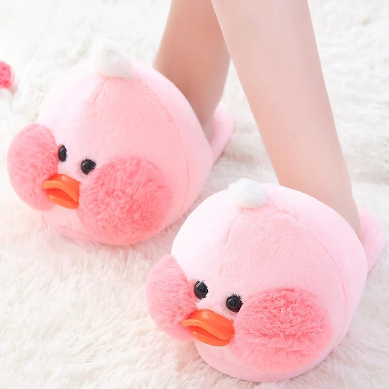 Kawaii Plush Ducky Slippers – Cute Fluffy Duck Footwear | Yellow & Pink | Sizes 36–41