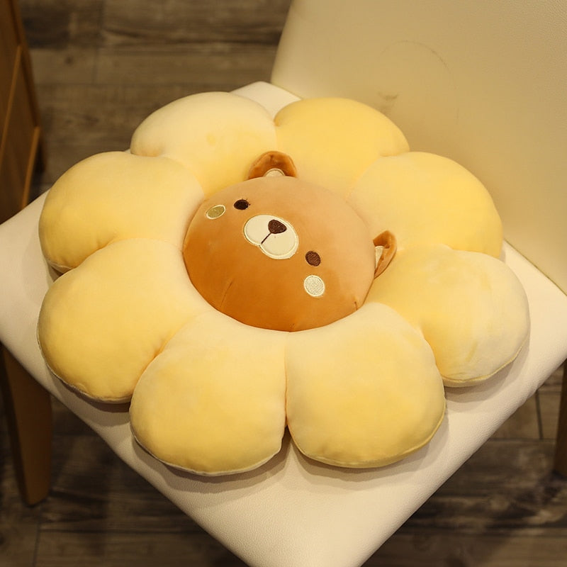 Cream-yellow plush flower pillow with brown bear face and cute muzzle stitching