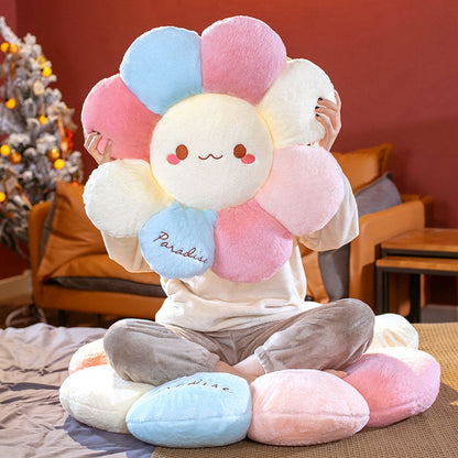 Pastel plush flower pillow with a cute smiling face and soft round petal pads