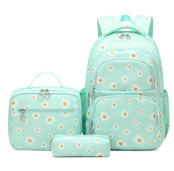 Mint daisy school backpack set with matching lunch bag and zip pouch