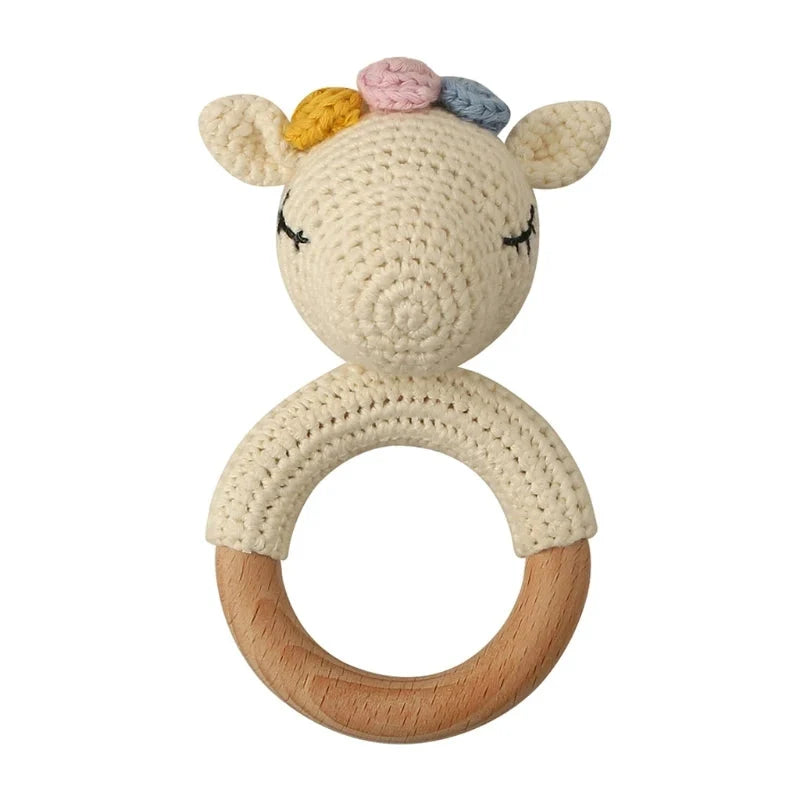 Baby Wooden Teether Crochet Rattle Toy – BPA Free | 38 Animal Designs | Newborn Infant Sensory Toy | Baby Shower Gift