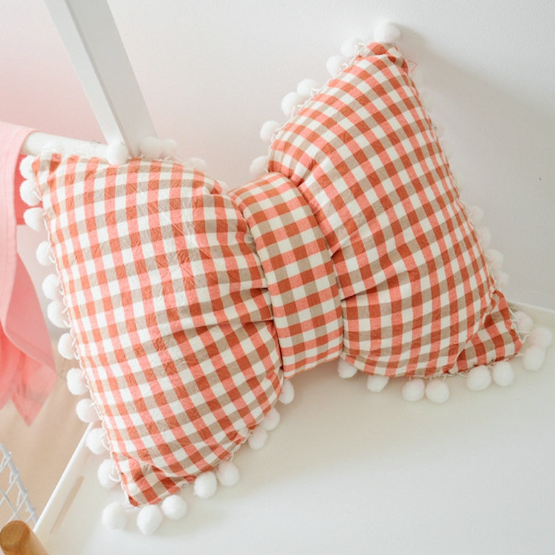 Orange gingham bow decorative pillows with pom pom trim, two-piece set