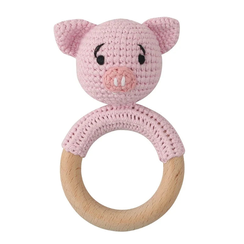 Baby Wooden Teether Crochet Rattle Toy – BPA Free | 38 Animal Designs | Newborn Infant Sensory Toy | Baby Shower Gift