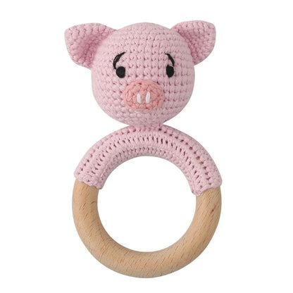 Baby Wooden Teether Crochet Rattle Toy – BPA Free | 38 Animal Designs | Newborn Infant Sensory Toy | Baby Shower Gift