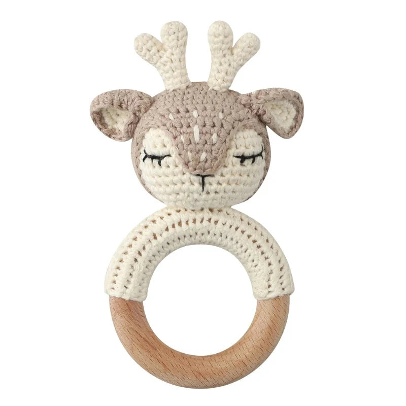 Baby Wooden Teether Crochet Rattle Toy – BPA Free | 38 Animal Designs | Newborn Infant Sensory Toy | Baby Shower Gift