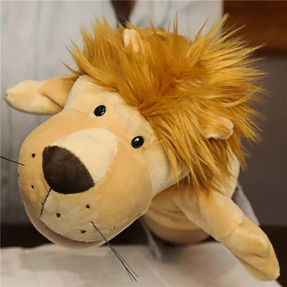 Lion finger story puppet toy with tan mane, beige face, and stitched black nose.