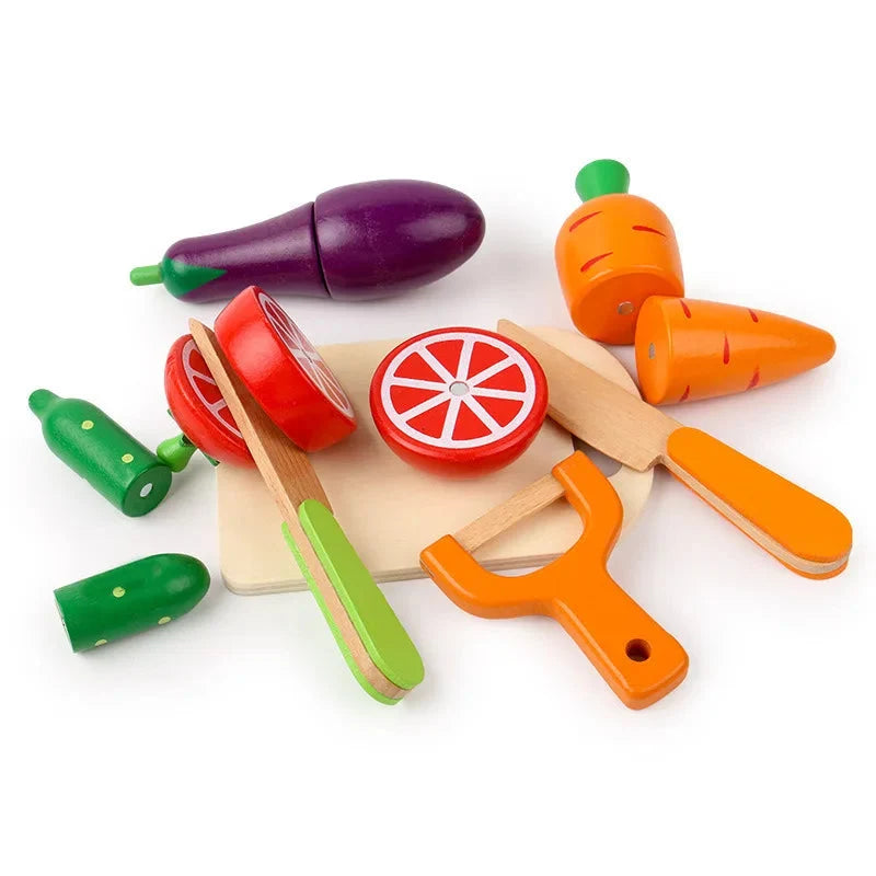 Wooden pretend cutting set with fruit and vegetable slices on a board and knife