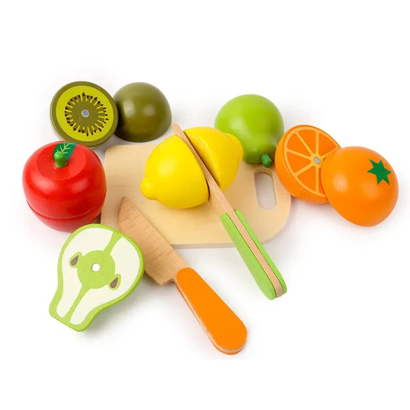 Wooden pretend fruit and vegetable cutting pieces with board and wooden knife