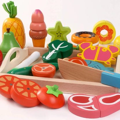 Wooden pretend fruit and vegetable assortment with stacked slices and toy knife
