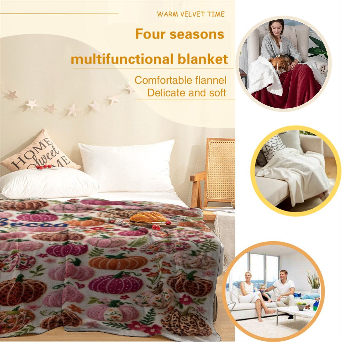 Pumpkin and flower patterned flannel blanket, soft throw with multicolor print