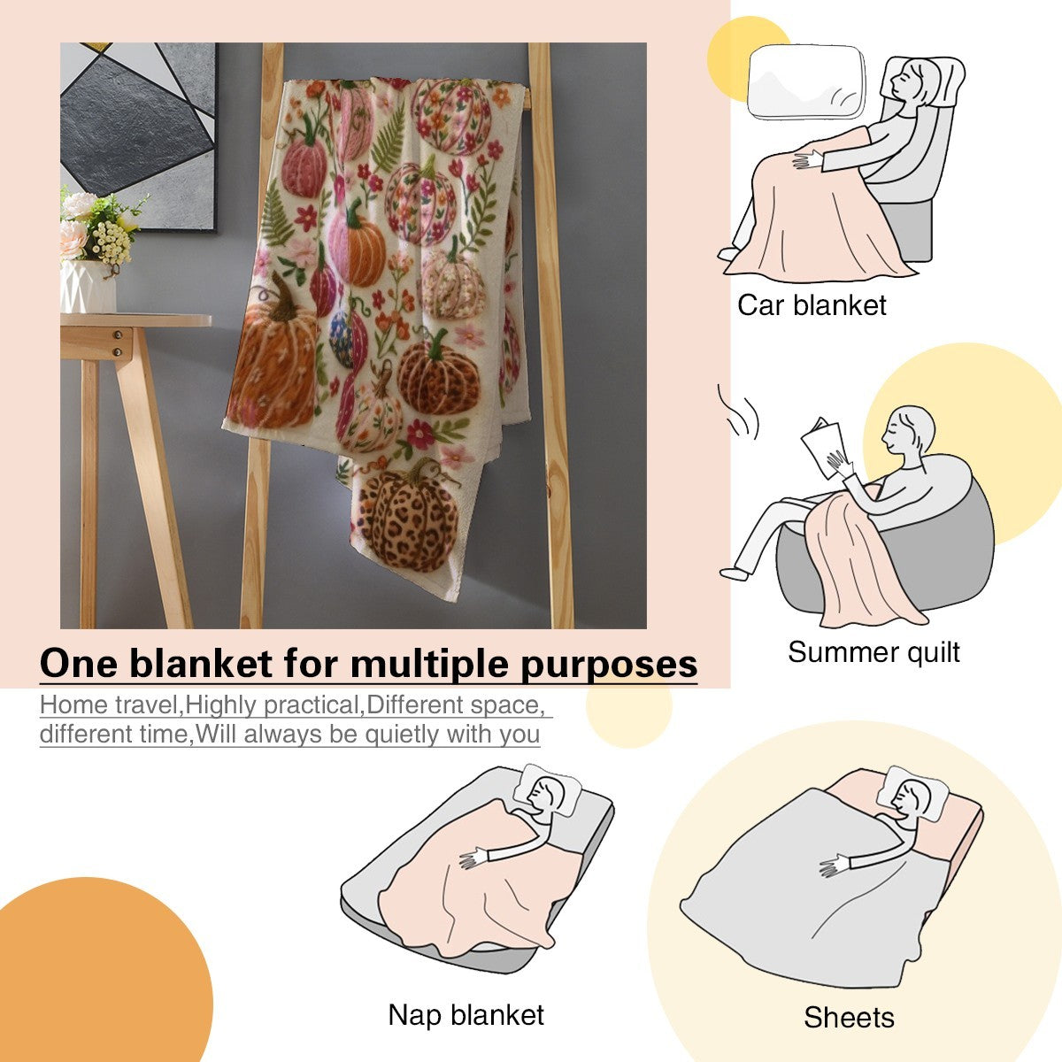 Pumpkin-and-flower printed blanket draped over chair, showing soft fleece texture