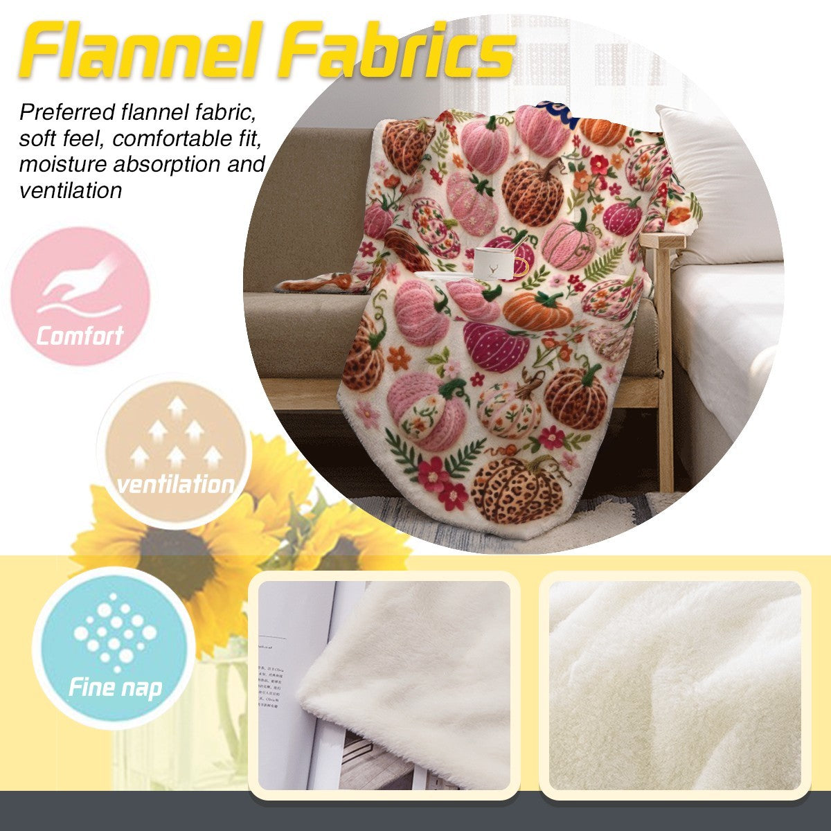 Pumpkin-floral fleece blanket with light background and cozy, plush fabric close-up