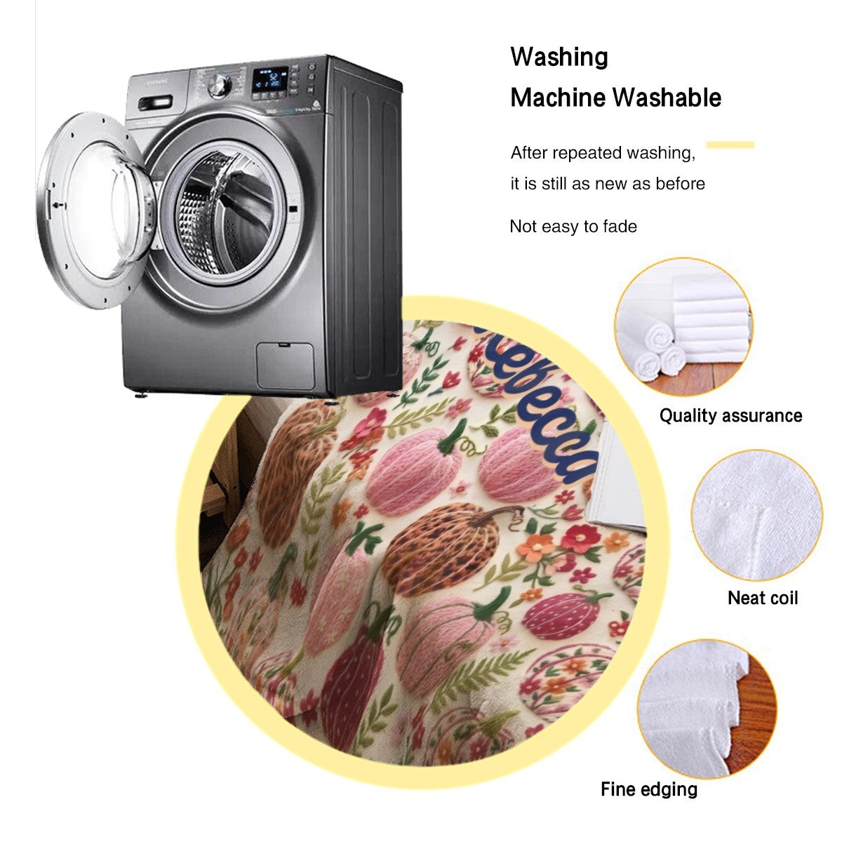 Pumpkin-floral fleece throw blanket shown with washing-machine inset and neat edging