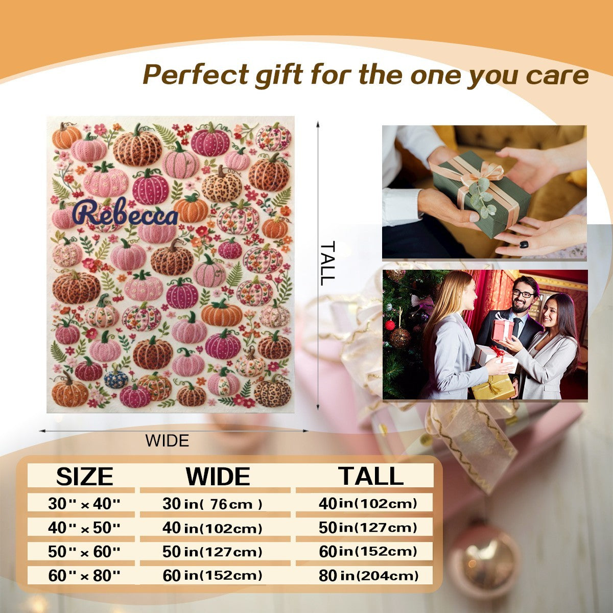 Personalized fleece blanket with pumpkin-floral pattern and name Rebecca on folded display