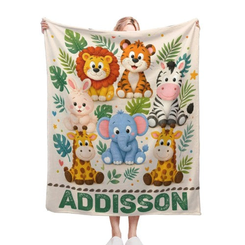Personalized safari name blanket, cream with zoo animals and ADDISON lettering