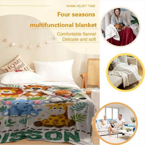 Multifunction personalized safari name blanket with ADDISON lettering and animal print