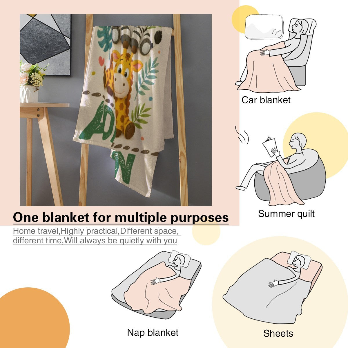 Personalized safari name blanket with ADDISON, shown for multiple uses like car blanket