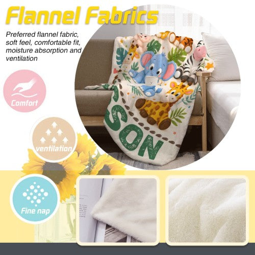 Flannel fabric personalized safari name blanket, cream with animals and comfort icons