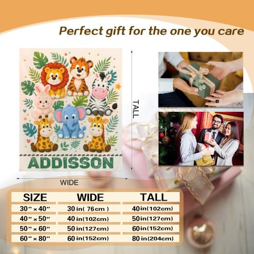 Personalized safari name blanket graphic with ADDISON and width/tall size chart