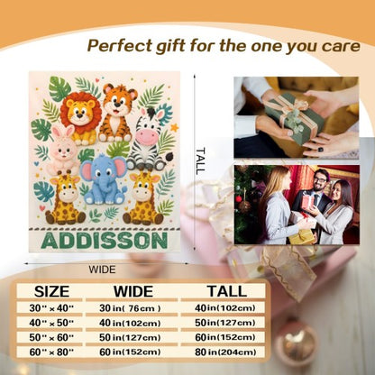 Personalized safari name blanket graphic with ADDISON and width/tall size chart