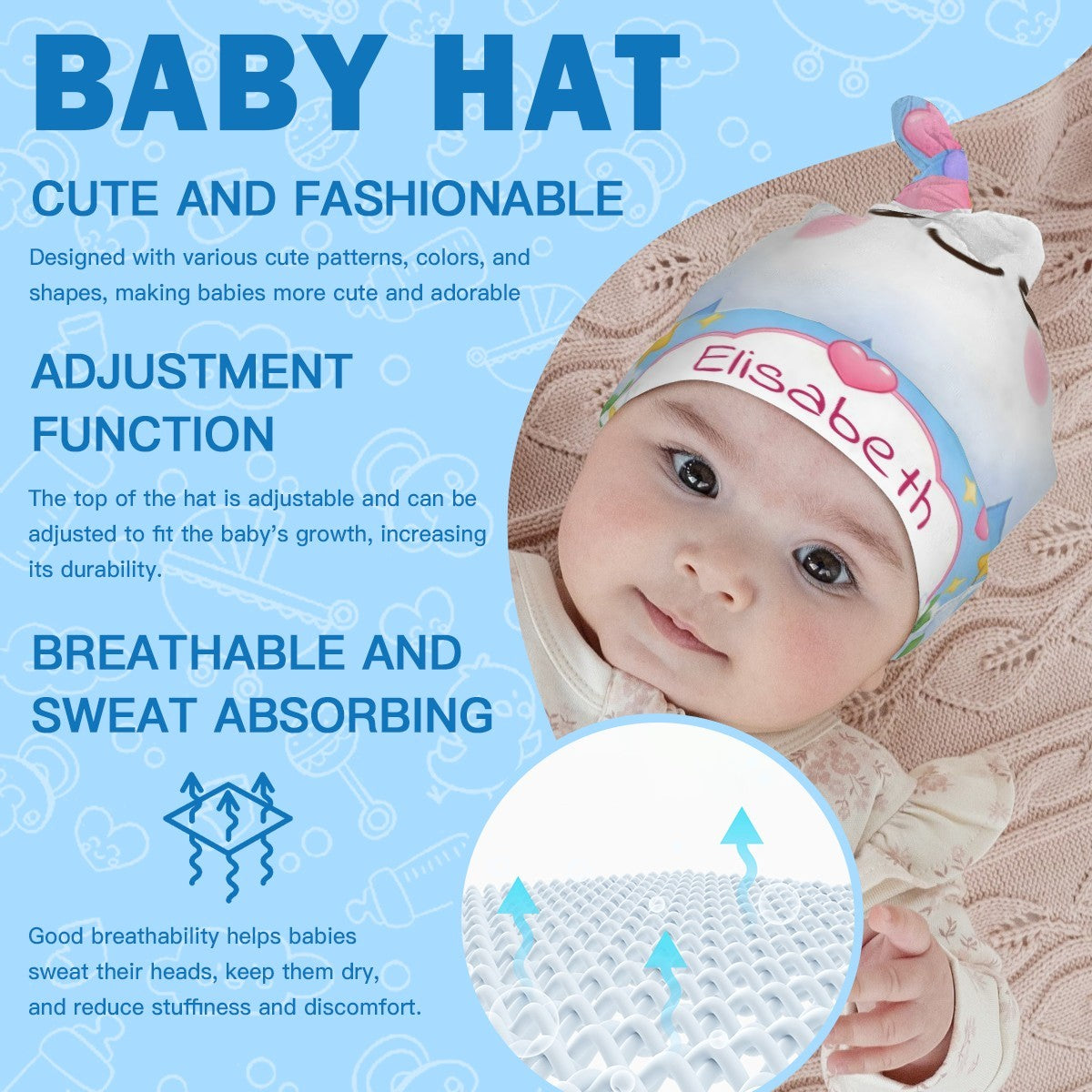 Baby hat and swaddle set with rainbow cloud print and embroidered name Elisabeth