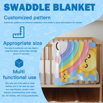 Rainbow cloud swaddle blanket with star accents, colorful striped design