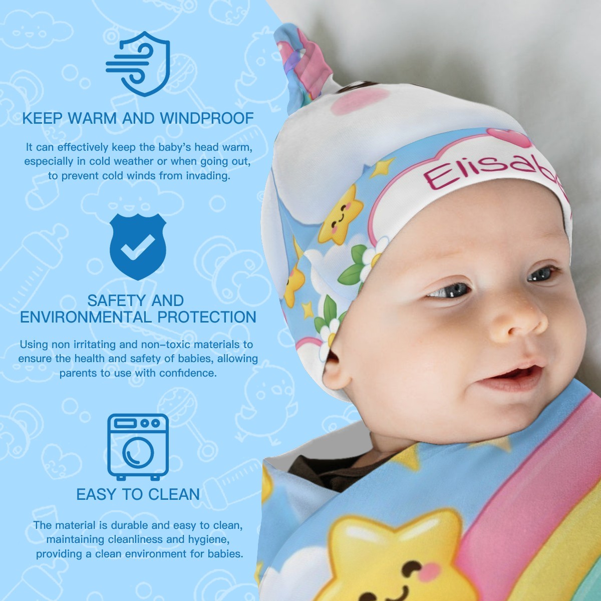 Baby swaddle and cloud hat set with rainbow print and embroidered name Elisabeth