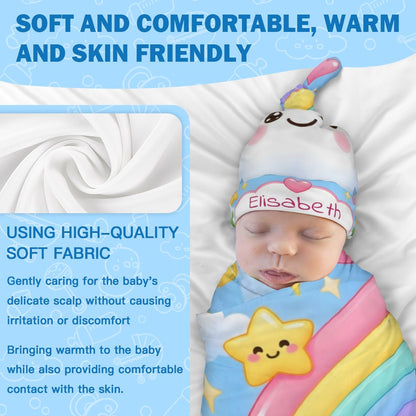 Soft baby swaddle blanket with rainbow cloud and stars, hat with Elisabeth text