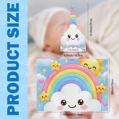 Rainbow cloud baby swaddle blanket with matching cloud hat and star accents