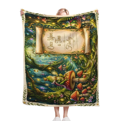 Personalized enchanted forest throw blanket, fantasy animals and 'Once Upon a Time Finley' scroll