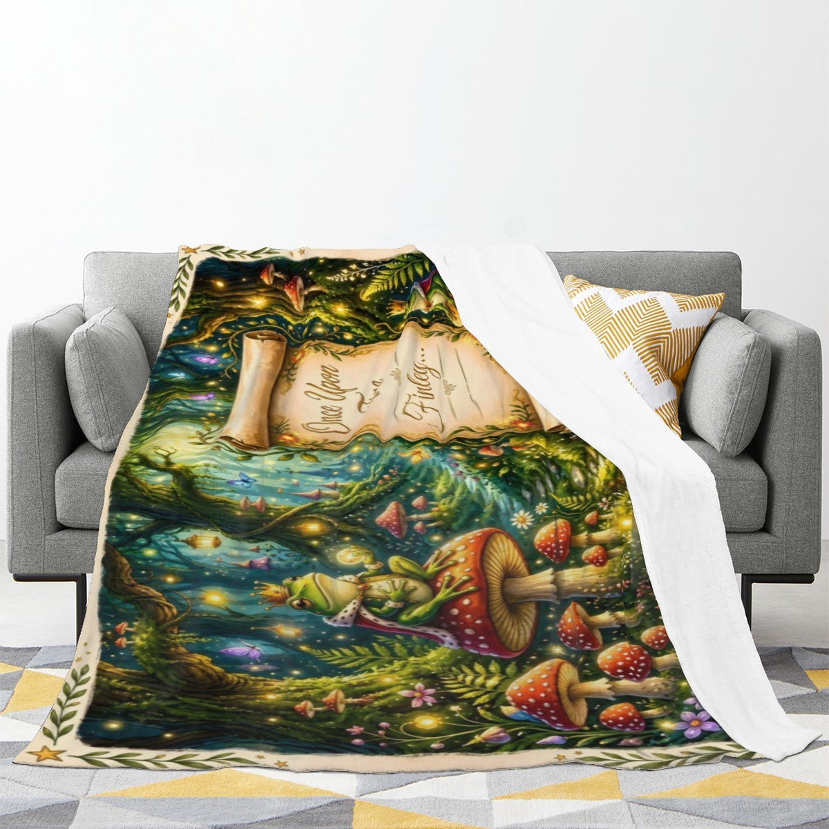 Enchanted forest throw blanket with winding path, mushrooms, and glowing greenery artwork