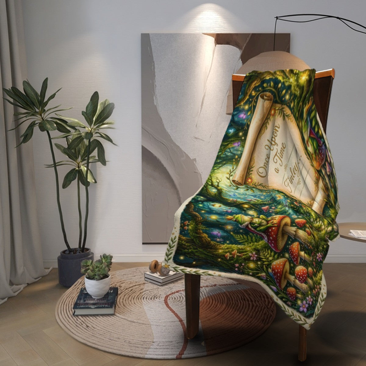 Enchanted forest throw blanket draped over chair with mushrooms and lantern-like lights