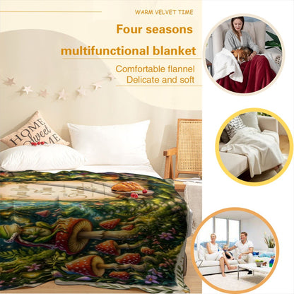 Flannel throw blanket featuring enchanted forest artwork with mushrooms and a parchment banner