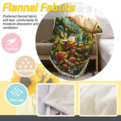 Flannel fabric throw blanket close-up with enchanted forest scene and parchment scroll