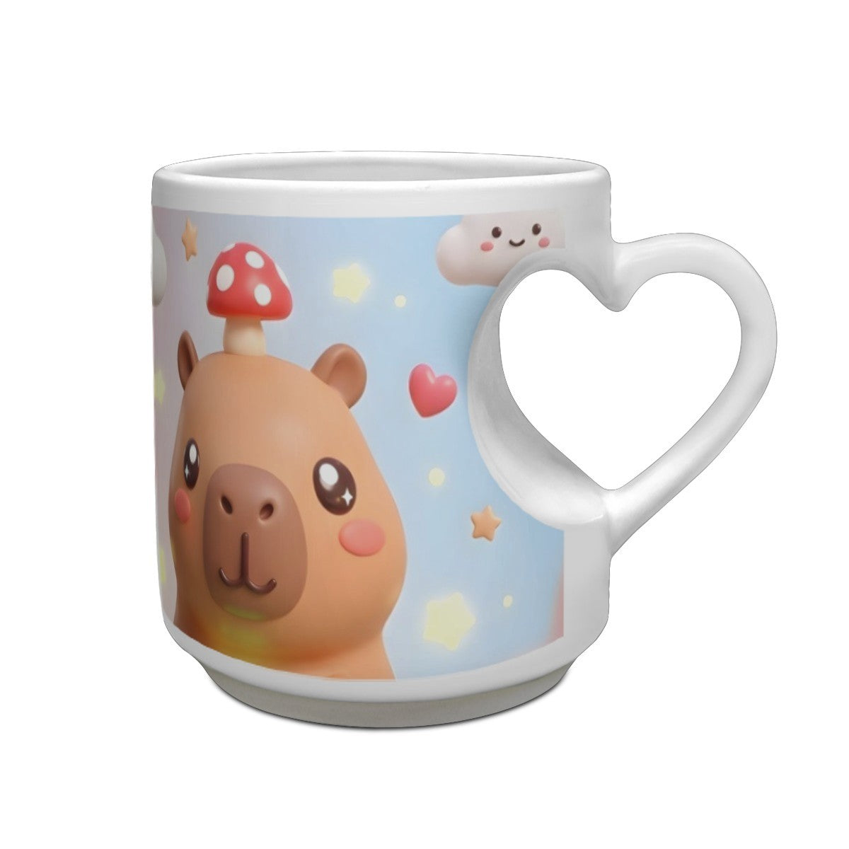 White ceramic character mug with heart-shaped handle; blue capybara design.