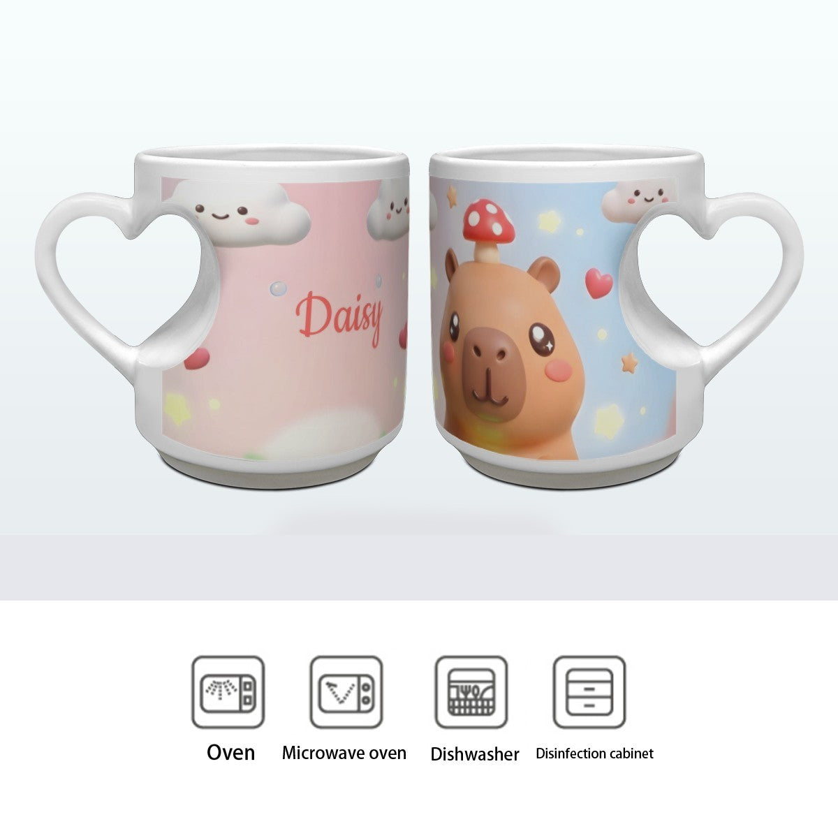 Pair of white ceramic character mugs with heart handles; capybara illustration.