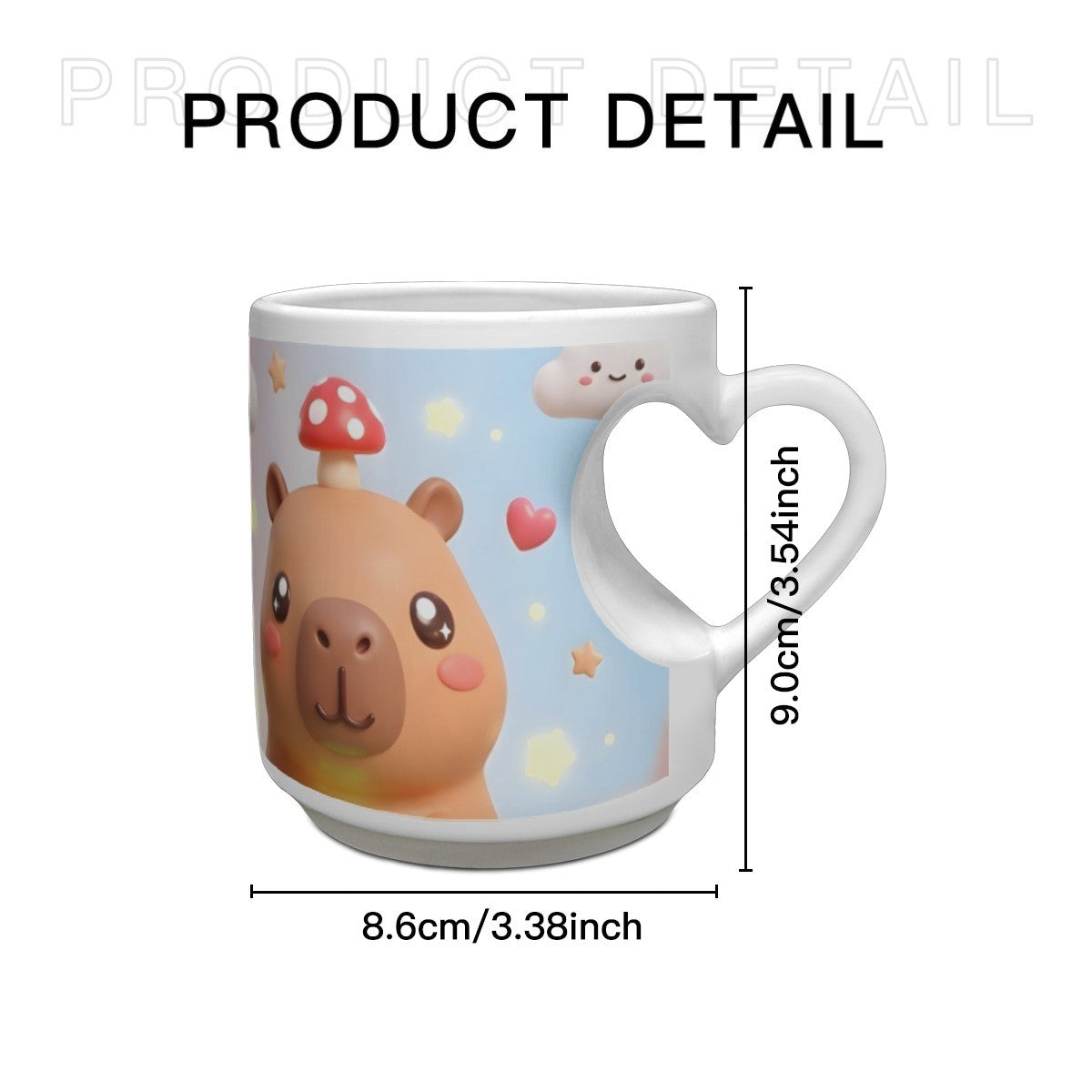 White ceramic character mug with heart handle and blue capybara graphic.