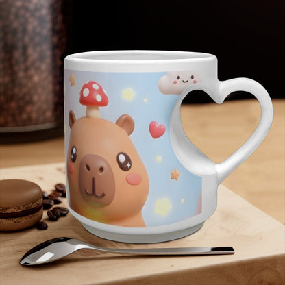 White ceramic character mug with heart handle; blue capybara and hearts print.