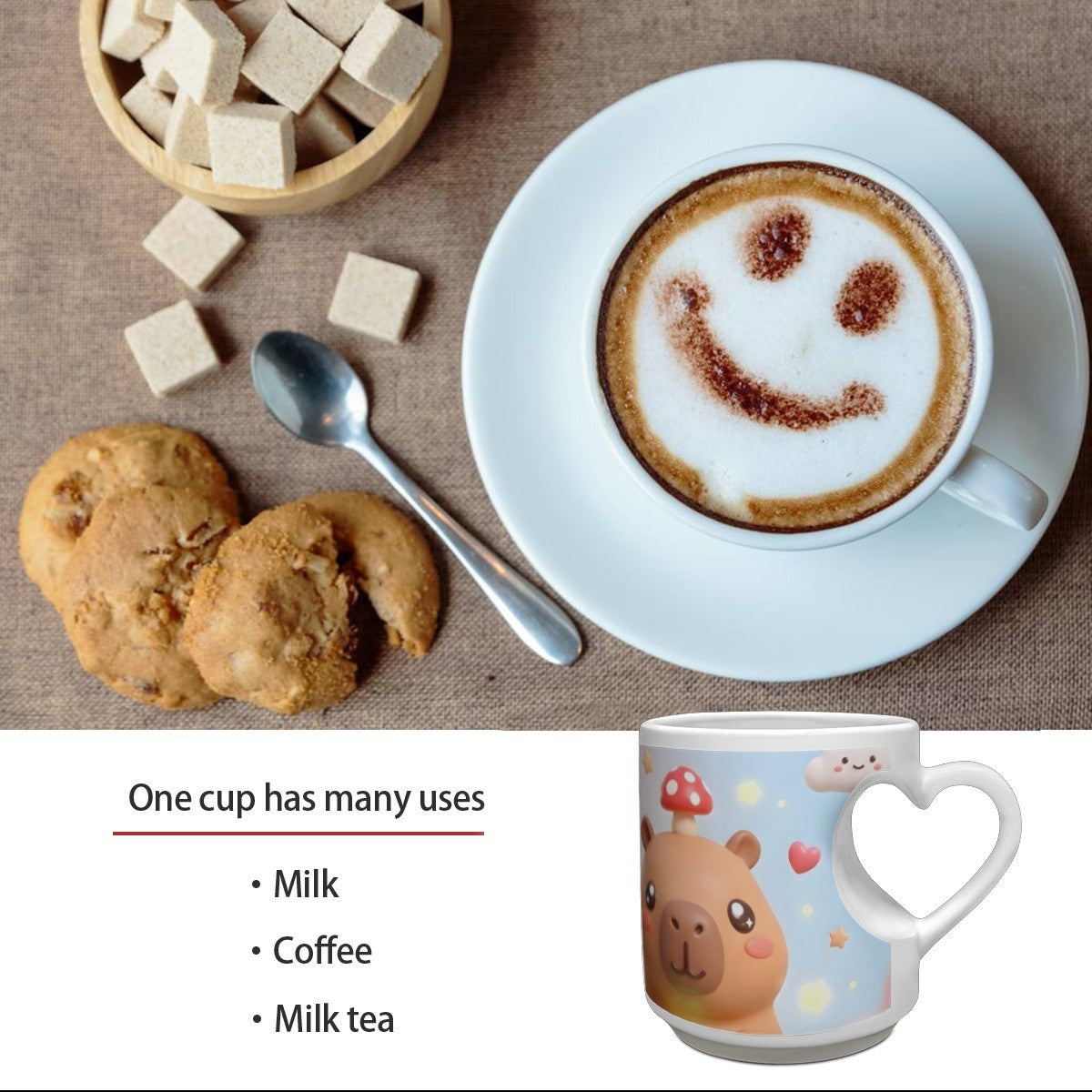 White ceramic character mug with heart handle; capybara face graphic on blue.