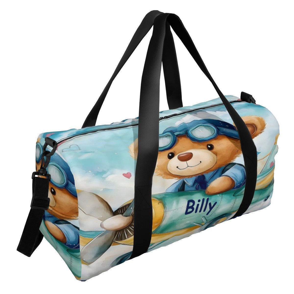 Blue teddy bear duffel bag with cartoon 'Billy' graphic and black top handles.