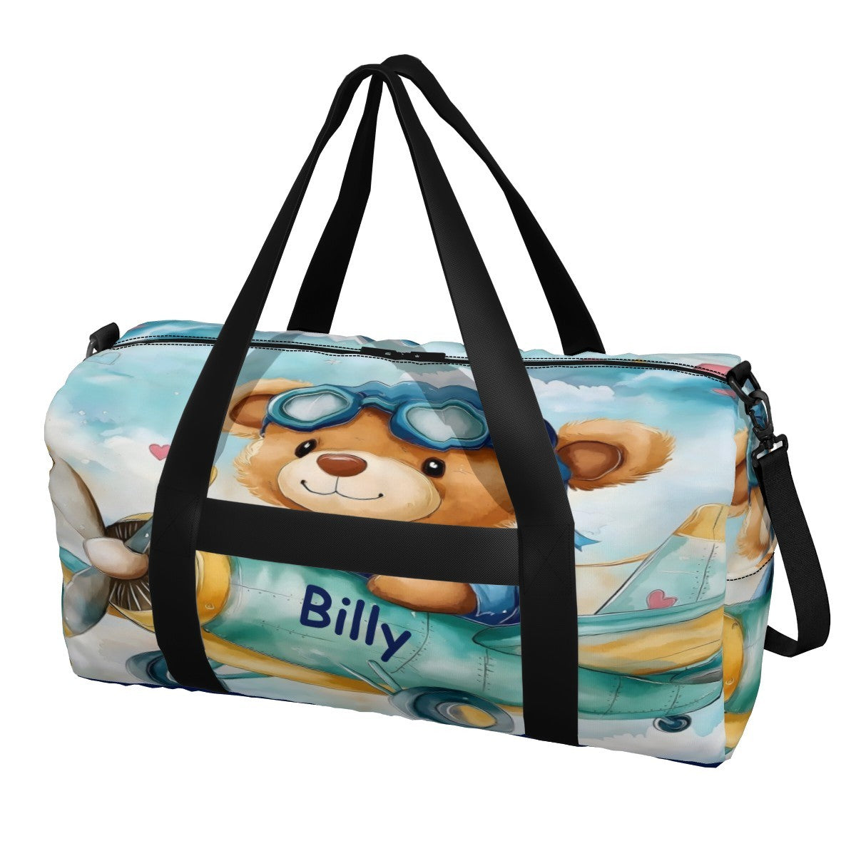 Blue teddy bear duffel bag with black straps and side zipper pocket.