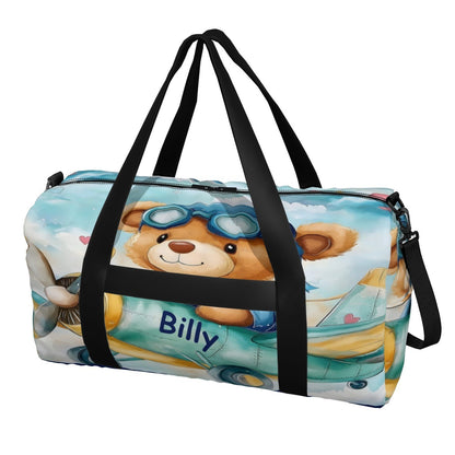 Blue teddy bear duffel bag with black straps and side zipper pocket.